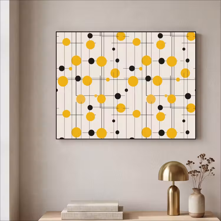 Geometrisch - Retro - Lijnen - Okergeel - Zwart Textielframe zwart klein 947 -sfeer2