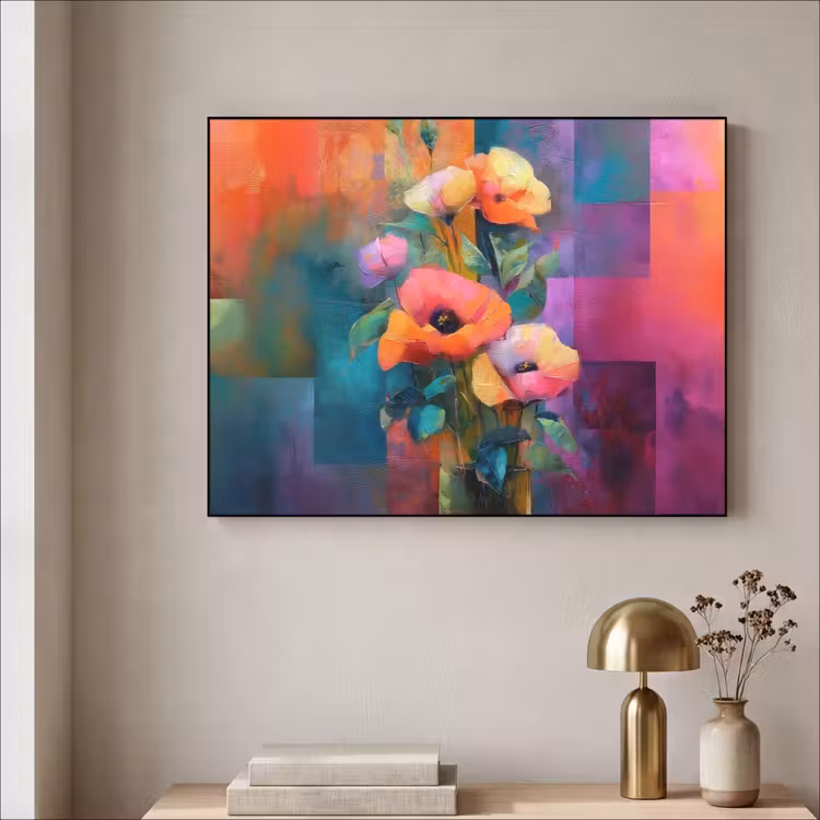 Geometrische kleurvlaken - Modern - Fantasiebloemen Textielframe zwart klein -sfeer2