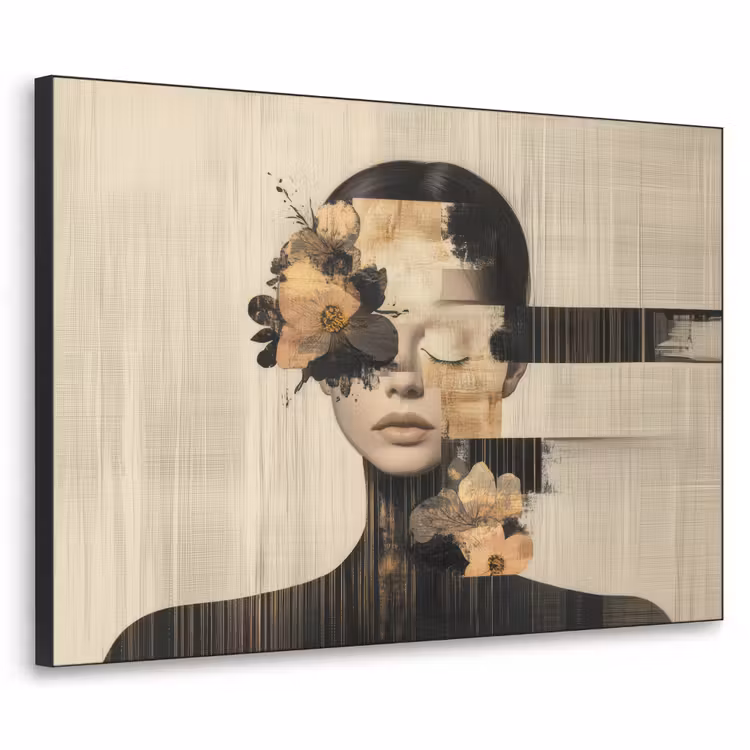 Gezicht - Bloemen - Zwart - Vrouw Textielframe zwart klein -3d