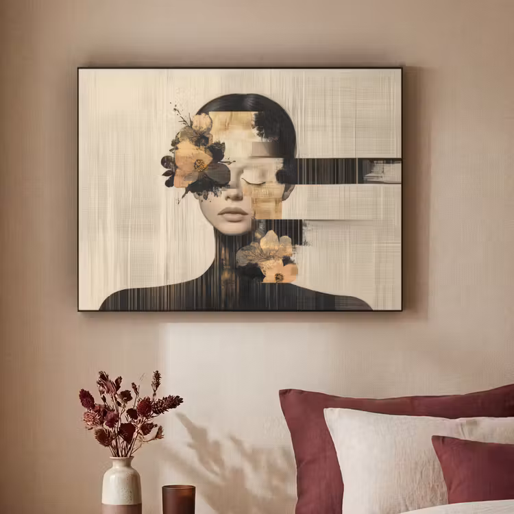 Gezicht - Bloemen - Zwart - Vrouw Textielframe zwart klein -sfeer1