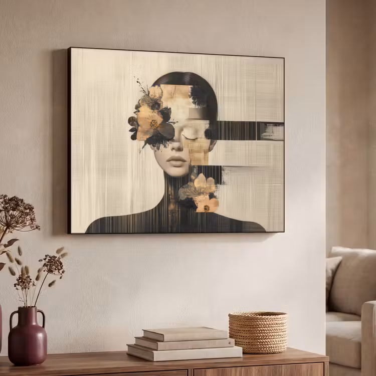 Gezicht - Bloemen - Zwart - Vrouw Textielframe zwart klein -sfeer3