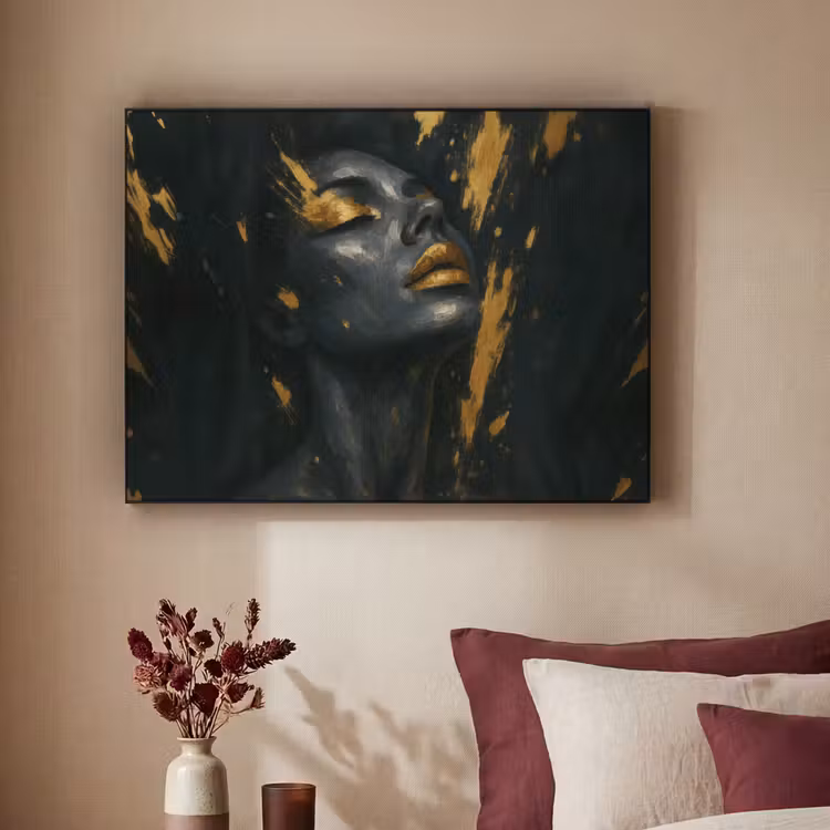 Gezicht - Vrouw - Verfspatten - Abstract Textielframe - compleet frame klein -sfeer1