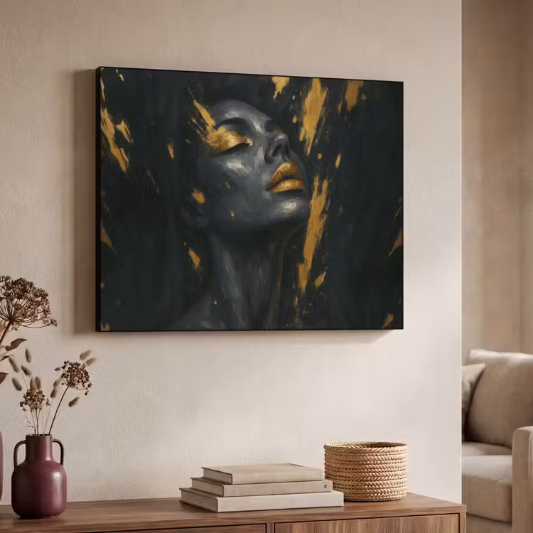 Gezicht - Vrouw - Verfspatten - Abstract Textielframe - compleet frame klein -sfeer3