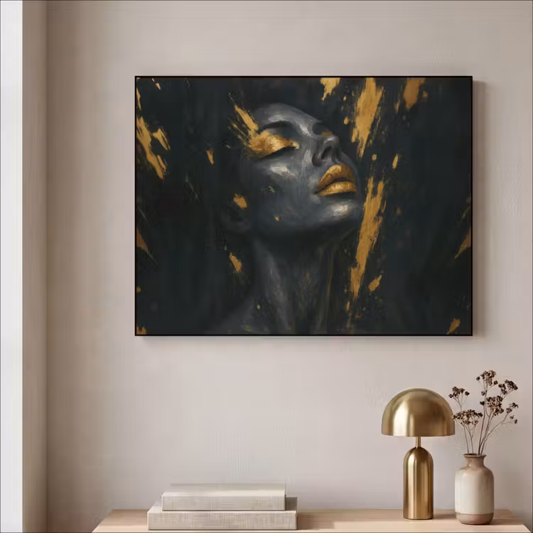 Gezicht - Vrouw - Verfspatten - Abstract Textielframe zwart klein -sfeer2