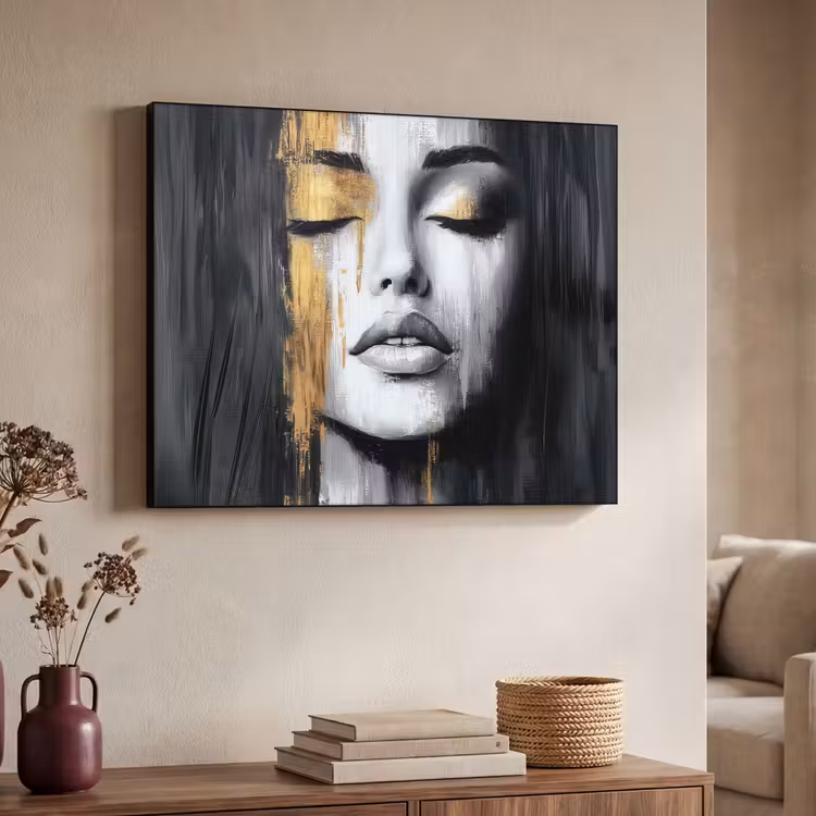 Gezicht - Vrouw - Penseelstreken - Abstract Textielframe - compleet frame klein -sfeer3