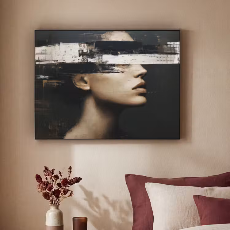 Gezicht - Vrouw - Zwart - Abstract Textielframe zwart klein -sfeer1
