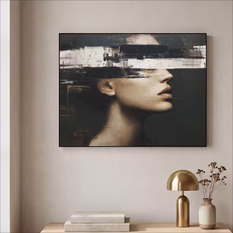 Gezicht - Vrouw - Zwart - Abstract Textielframe - compleet frame klein -sfeer2