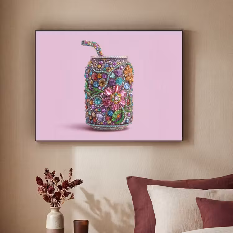 Frisdrankblikje - Bloemenpatroon - Edelstenen - Kleurrijk Textielframe zwart klein -sfeer1