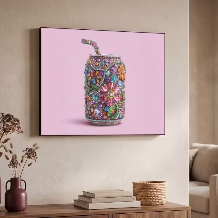 Frisdrankblikje - Bloemenpatroon - Edelstenen - Kleurrijk Textielframe zwart klein -sfeer3
