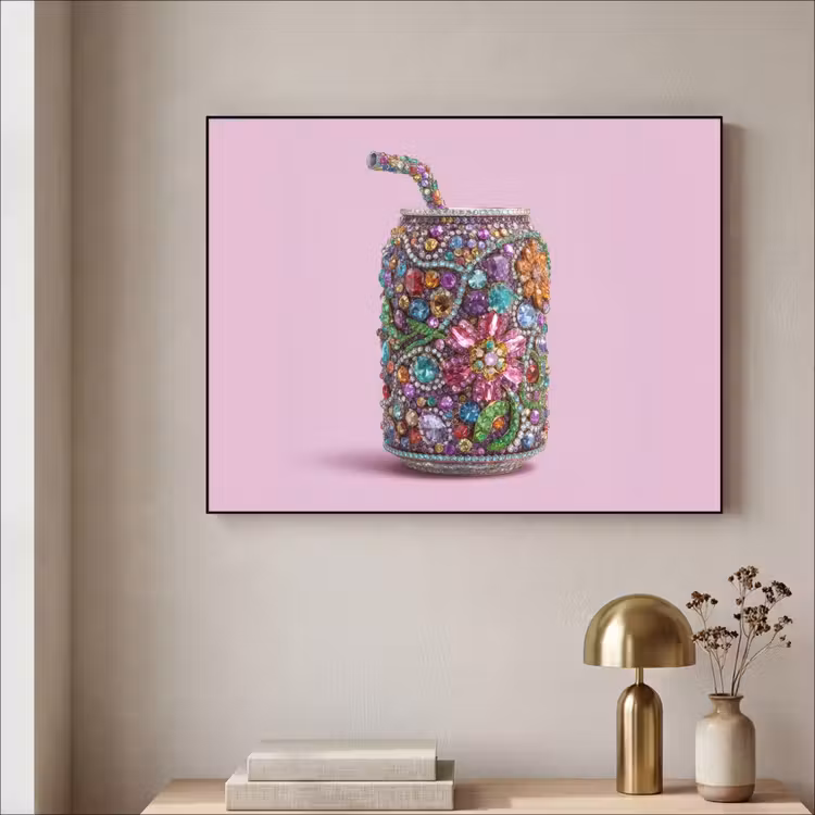 Frisdrankblikje - Bloemenpatroon - Edelstenen - Kleurrijk Textielframe zwart klein -sfeer2