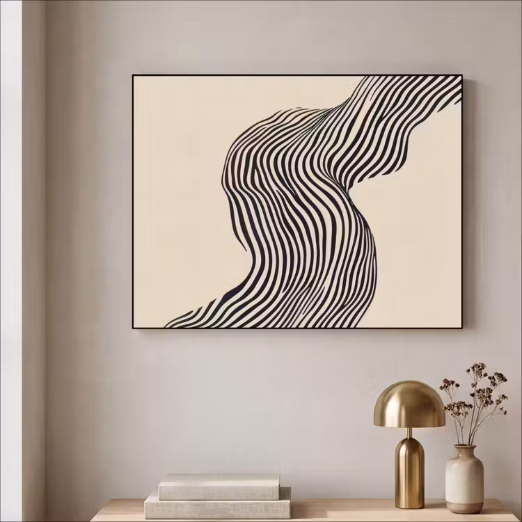 Golvend - Lijnen - Abstract - Silhouet Textielframe zwart klein -sfeer2