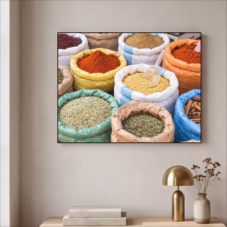 Art Frame - Gewürze – Beutel – Markt - Kruiden - Zakken - Markt Textielframe zwart klein