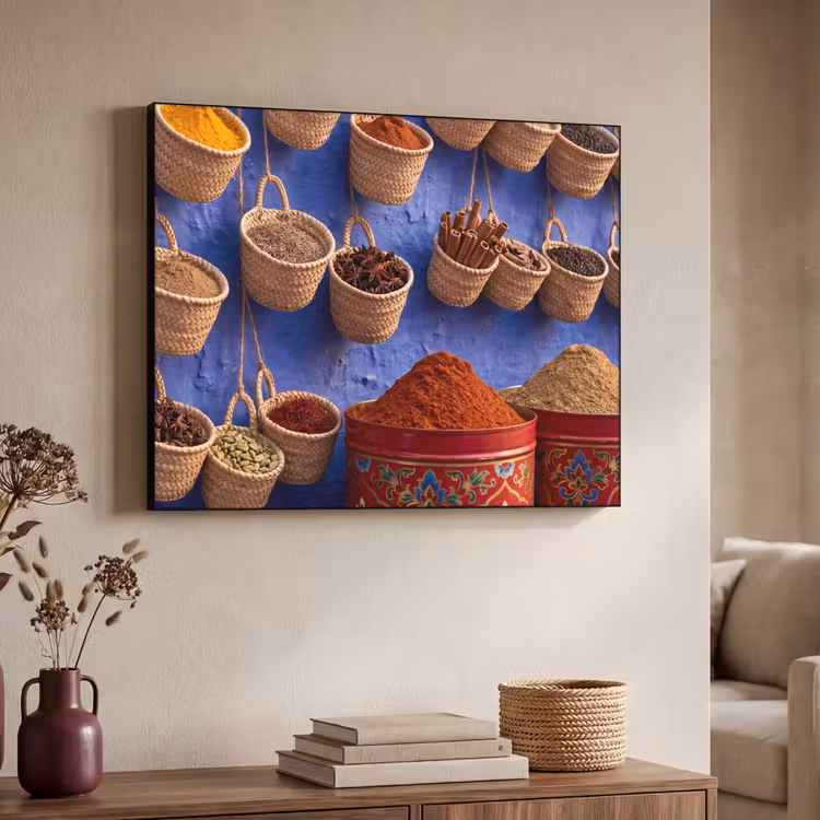 Art Frame - Gewürze – Körbe – Markt - Kruiden - Manden - Markt Textielframe zwart klein