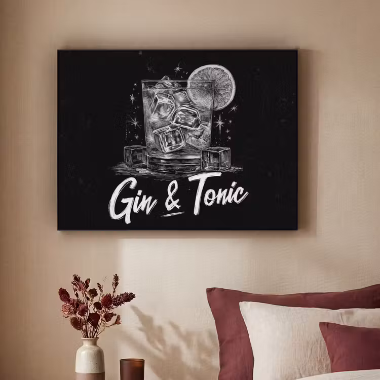 Gin en tonic - Glas - Limoen - Ijsblokjes Textielframe zwart klein -sfeer1
