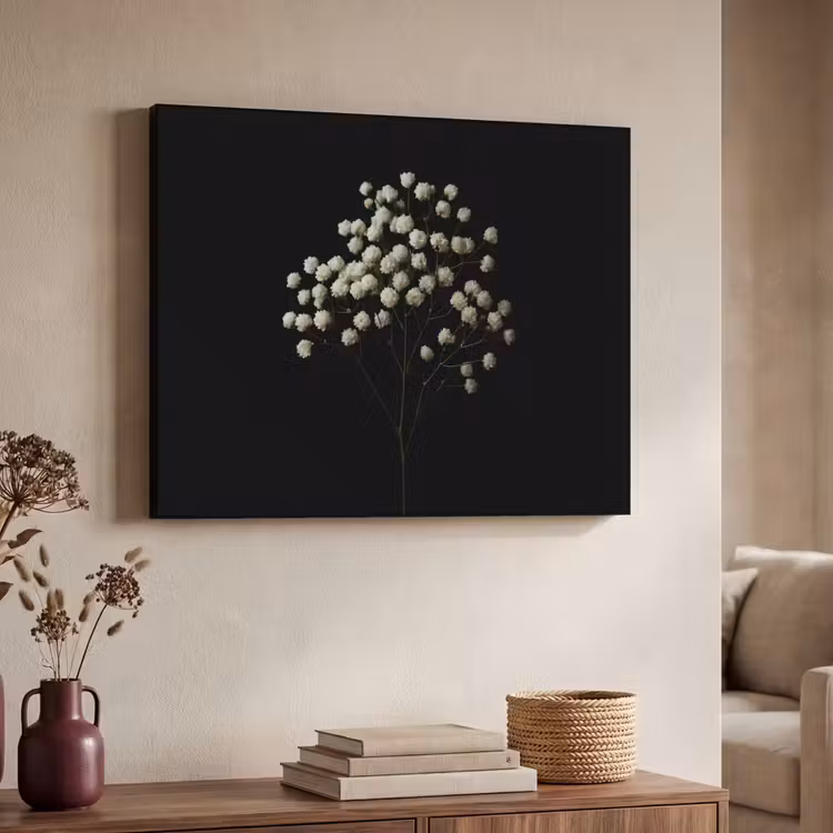 Gipskruid - Bloemetjes - Wit - Minimalistisch Textielframe zwart klein -sfeer3