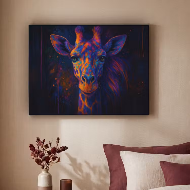Giraffe - Gekleurd - Verfspatten Textielframe zwart klein -sfeer1