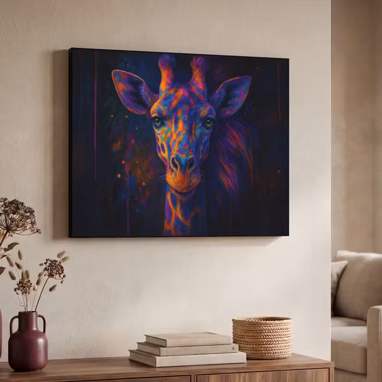 Giraffe - Gekleurd - Verfspatten Textielframe - compleet frame klein -sfeer3
