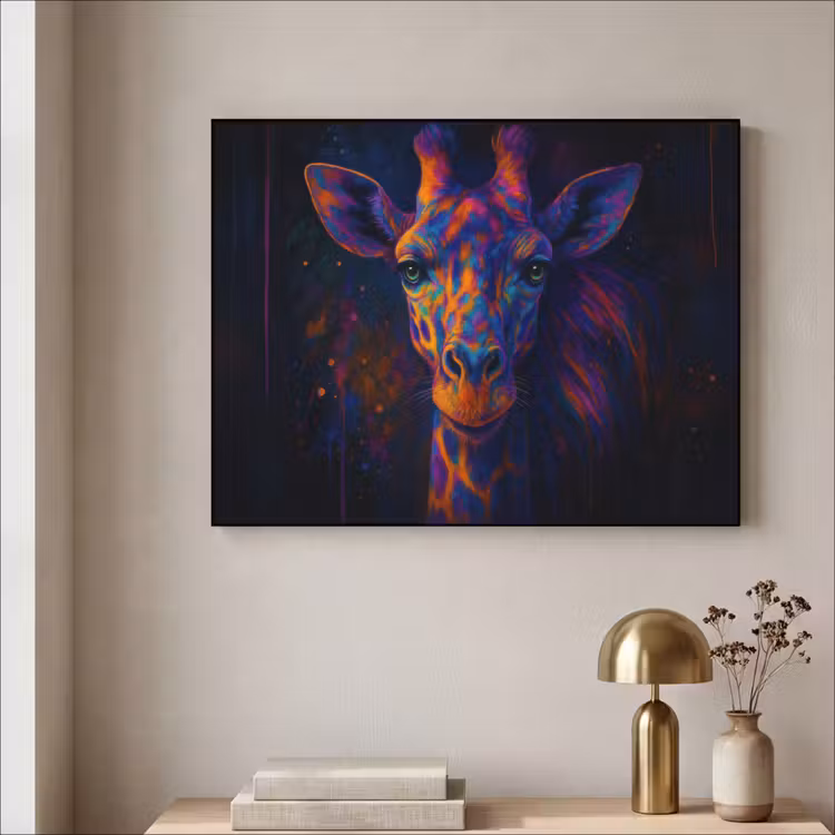 Giraffe - Gekleurd - Verfspatten Textielframe - compleet frame klein -sfeer2