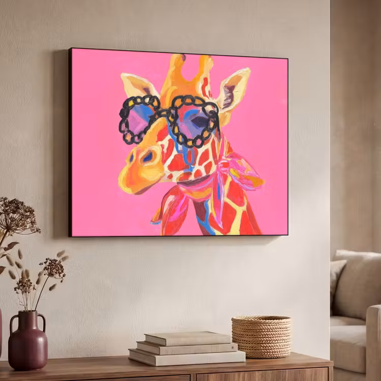 Giraf - Roze - Bril - Sjaal Textielframe zwart klein -sfeer3