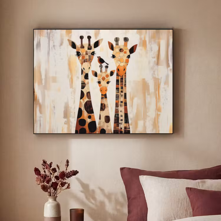 Giraffen - Cartoon - Crème Textielframe zwart klein -sfeer1