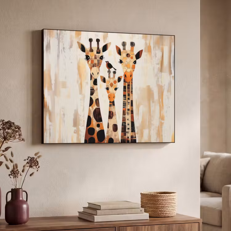 Giraffen - Cartoon - Crème Textielframe zwart klein -sfeer3
