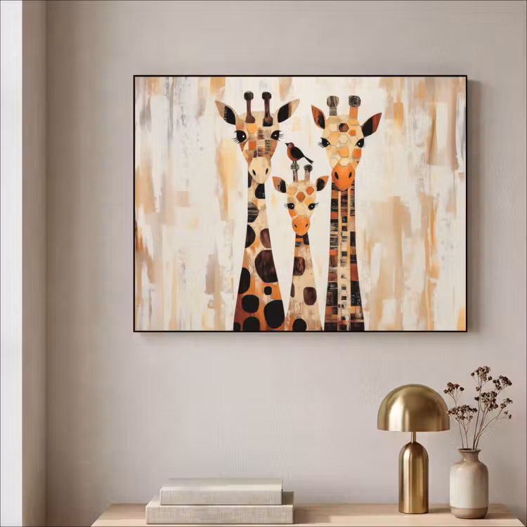 Giraffen - Cartoon - Crème Textielframe zwart klein -sfeer2