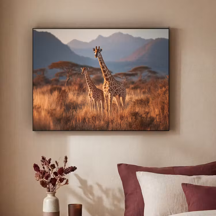 Giraffen - Hoog gras - Acaciabomen Textielframe zwart klein -sfeer1