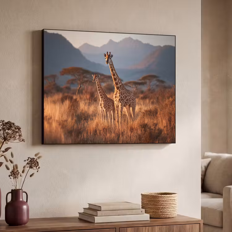 Giraffen - Hoog gras - Acaciabomen Textielframe zwart klein -sfeer3