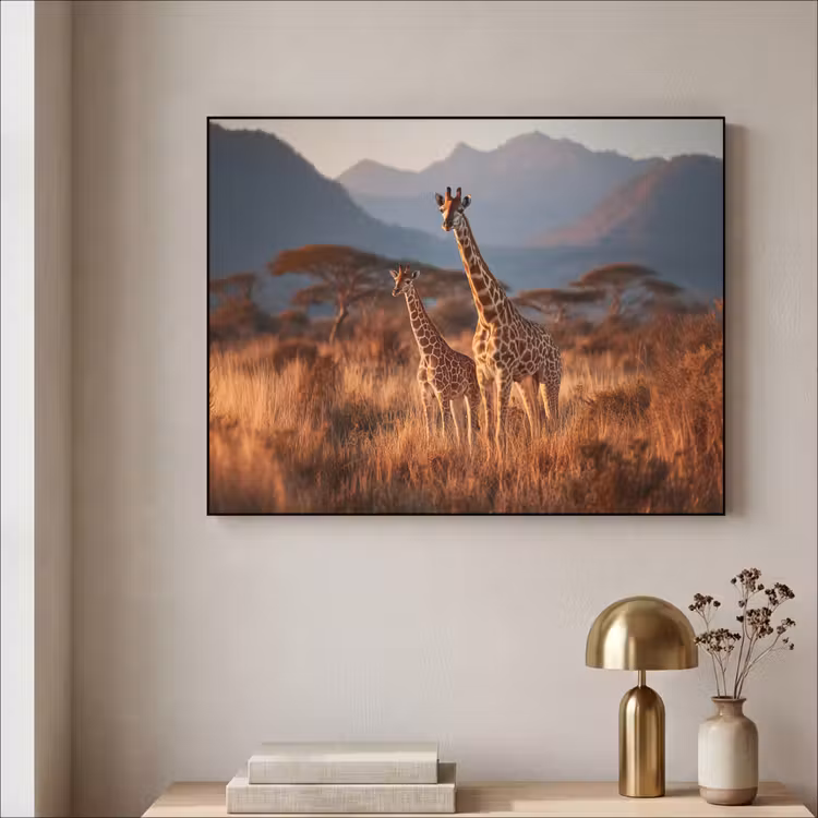 Giraffen - Hoog gras - Acaciabomen Textielframe zwart klein -sfeer2