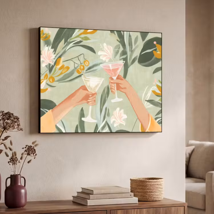 Glazen - Proosten - Bladeren - Groen Textielframe zwart klein -sfeer3