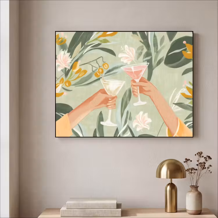 Glazen - Proosten - Bladeren - Groen Textielframe zwart klein -sfeer2