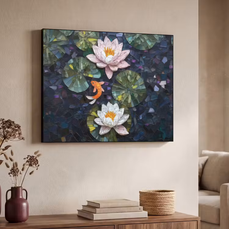 Glasstukjes - Leliebladeren - Vis - Oranje Textielframe zwart klein -sfeer3