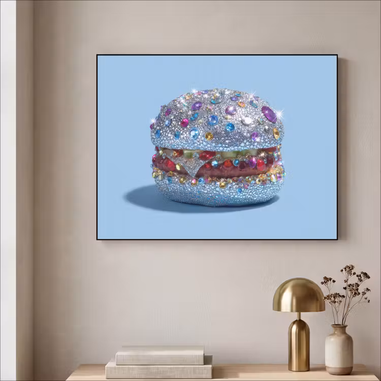 Glitters - Hamburger - Blauw Textielframe zwart klein -sfeer2