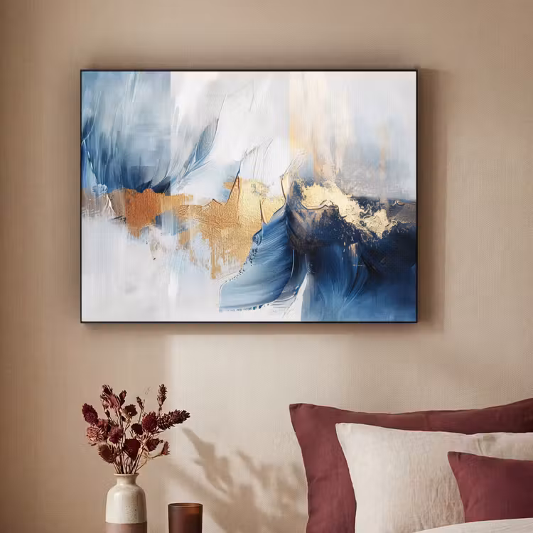 Goud - Blauw - Verf - Kunst - Modern Textielframe zwart klein -sfeer1
