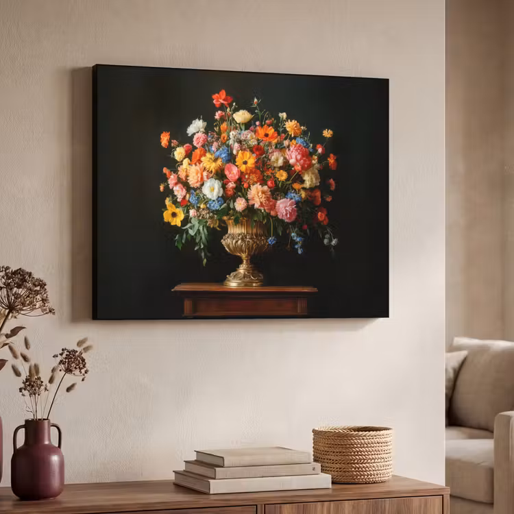 Goud - Bloemen - Kleuren - Vaas Textielframe - compleet frame klein -sfeer3