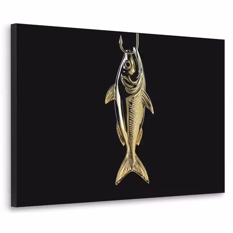 Goud - Vis - Haak - Zwart Textielframe zwart klein -3d