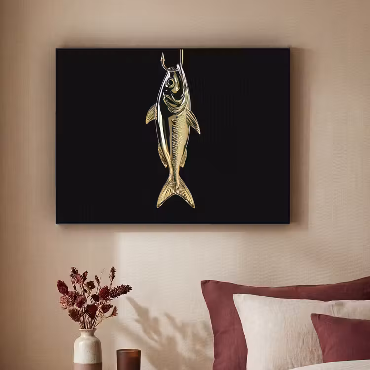 Goud - Vis - Haak - Zwart Textielframe - compleet frame klein -sfeer1