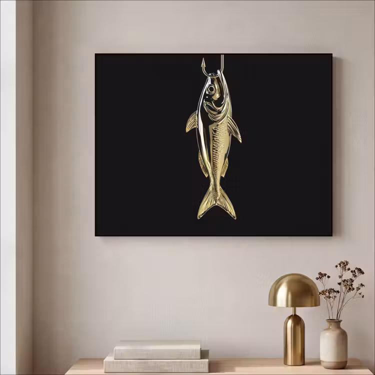 Goud - Vis - Haak - Zwart Textielframe zwart klein -sfeer2
