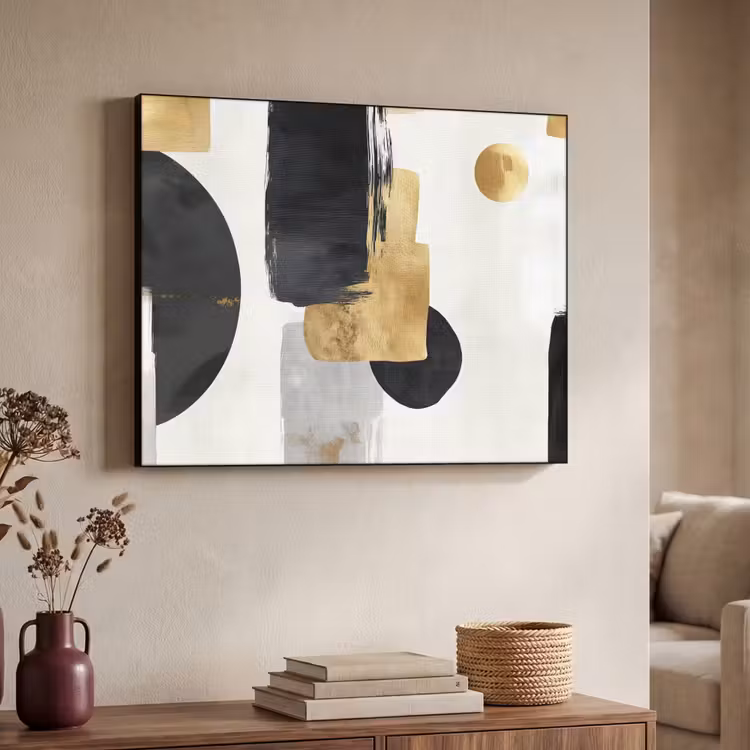 Goud - Rechthoeken - Cirkels - Abstract Textielframe zwart klein -sfeer3