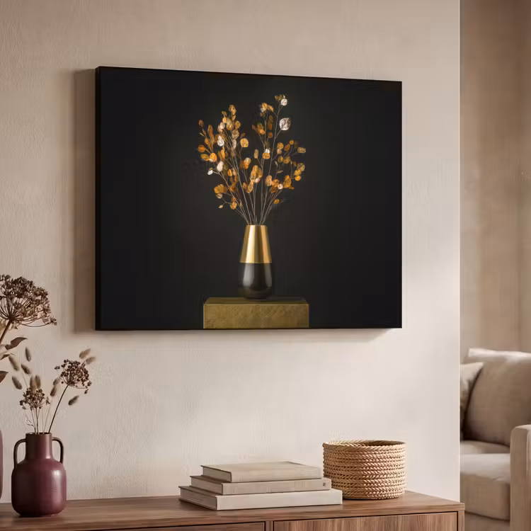 Goudbruine - Bladeren - Vaas - Herfstachtig Textielframe - compleet frame klein -sfeer3