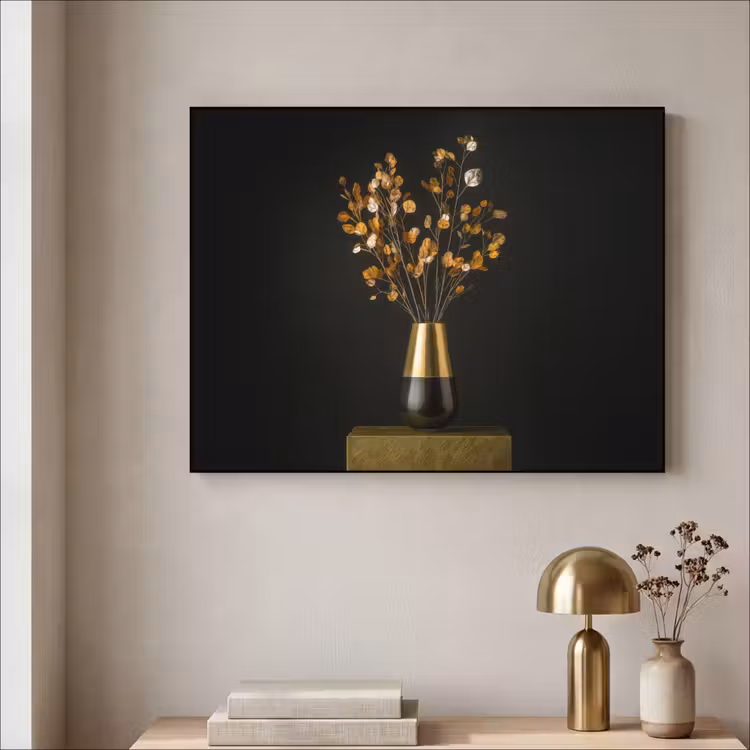 Goudbruine - Bladeren - Vaas - Herfstachtig Textielframe - compleet frame klein -sfeer2