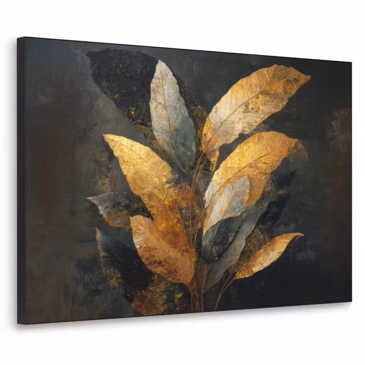 Gouden Bladcompositie – Botanische Luxe Textielframe zwart klein -3d