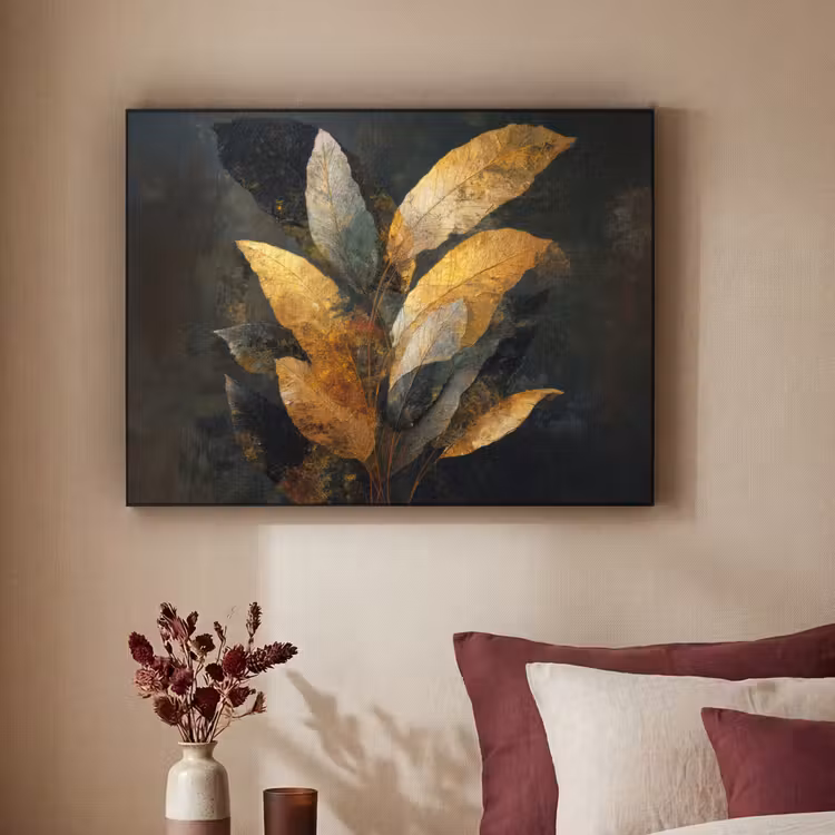 Gouden Bladcompositie – Botanische Luxe Textielframe zwart klein -sfeer1