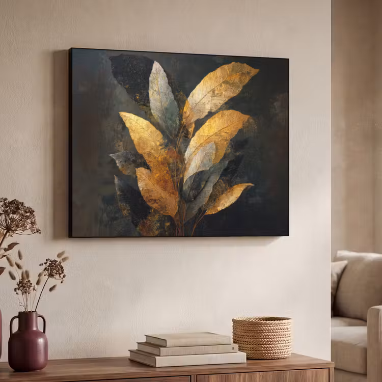 Gouden Bladcompositie – Botanische Luxe Textielframe - compleet frame klein -sfeer3