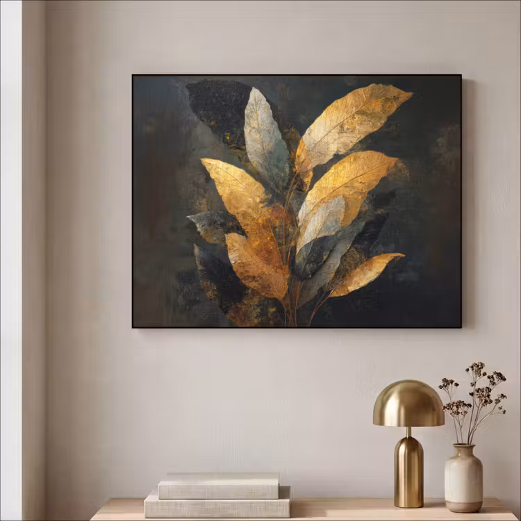 Gouden Bladcompositie – Botanische Luxe Textielframe - compleet frame klein -sfeer2
