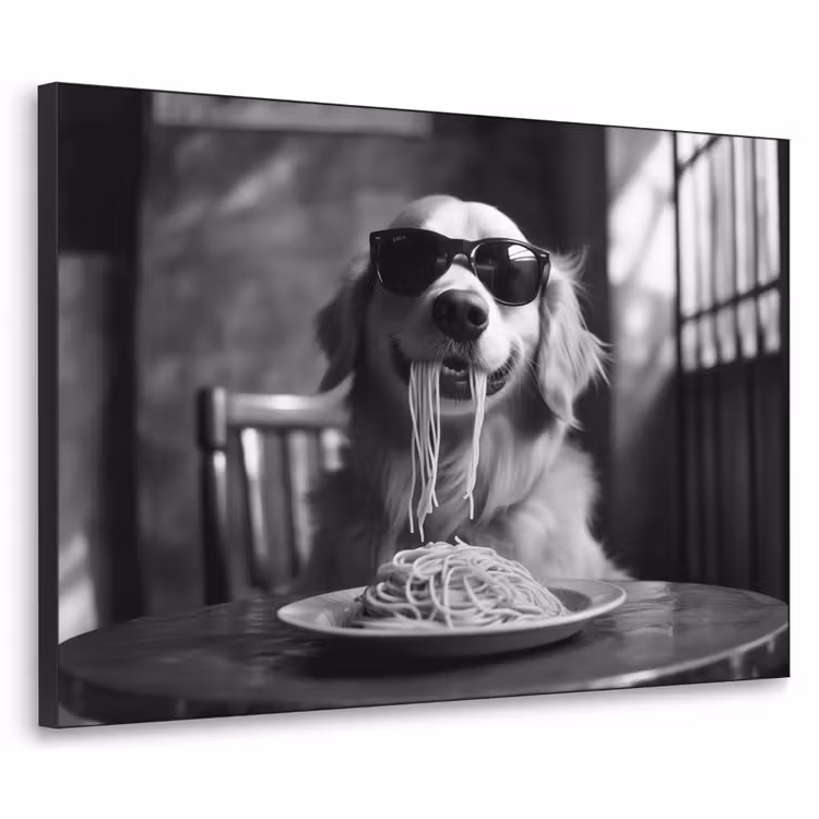 Golden Retriever - Hond - Vrolijk - Bord spaghetti - Zwart - wit Textielframe - compleet frame klein -3d