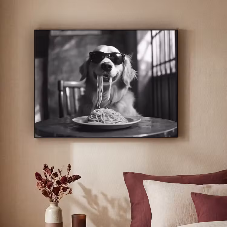 Golden Retriever - Hond - Vrolijk - Bord spaghetti - Zwart - wit Textielframe - compleet frame klein -sfeer1