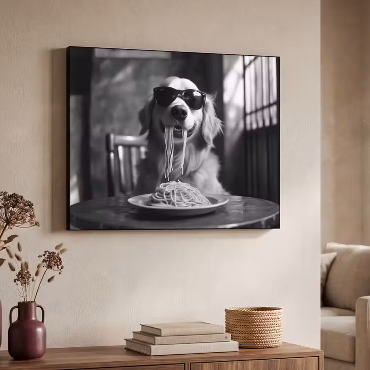 Golden Retriever - Hond - Vrolijk - Bord spaghetti - Zwart - wit Textielframe - compleet frame klein -sfeer3