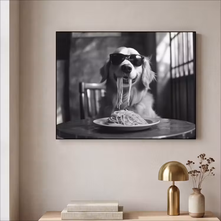 Golden Retriever - Hond - Vrolijk - Bord spaghetti - Zwart - wit Textielframe - compleet frame klein -sfeer2