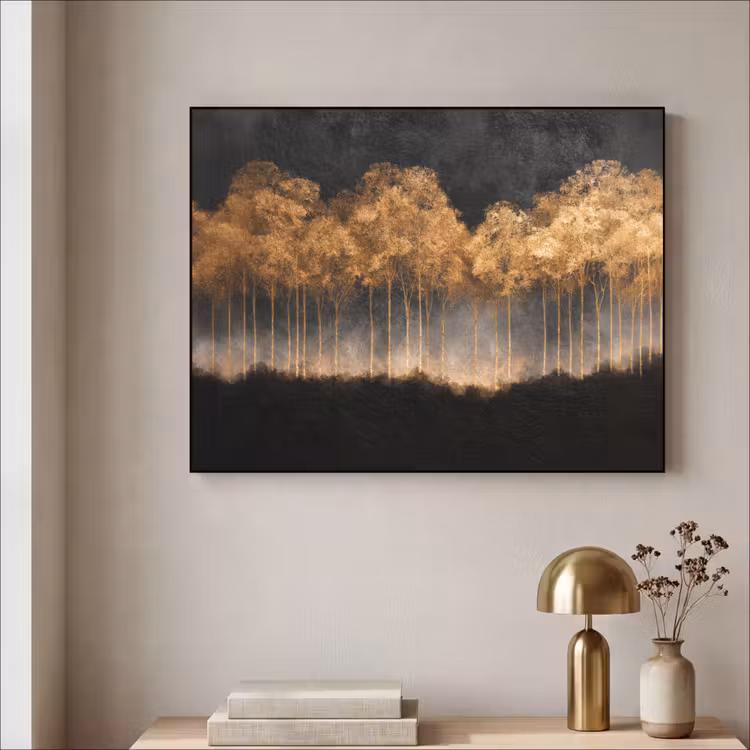 Gouden Bomen in Mistig Landschap Textielframe zwart klein -sfeer2